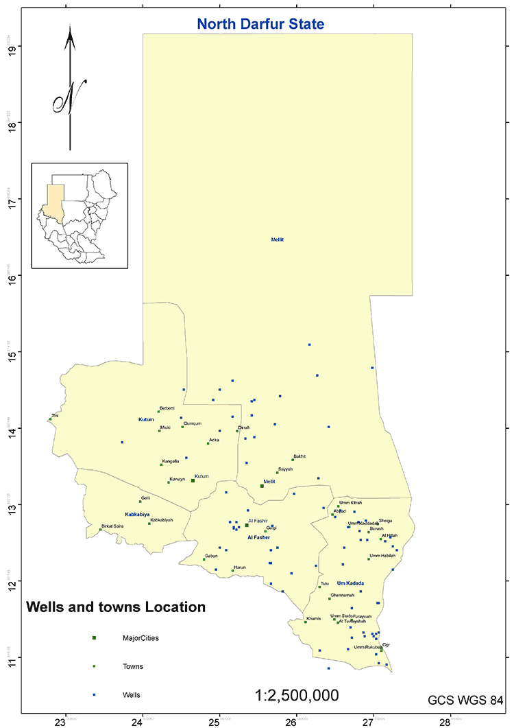 図4．北ダルフール州の主要集落と井戸の分布図