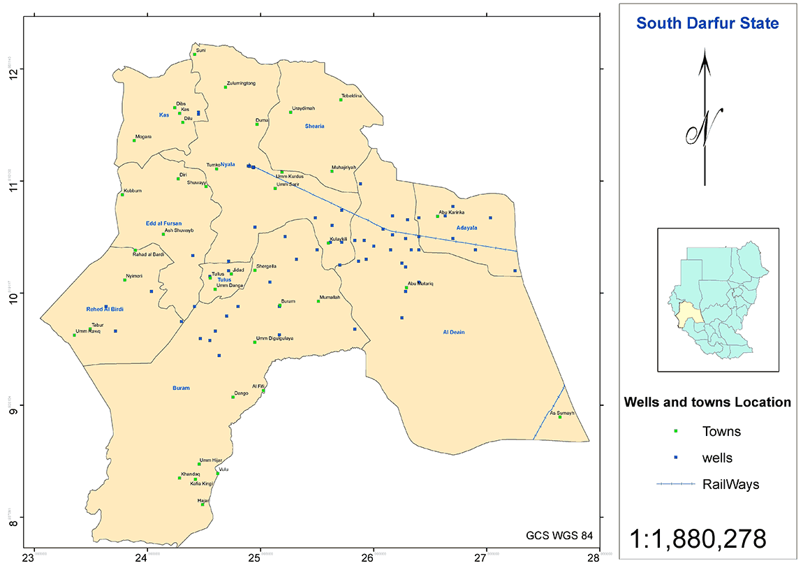 図5．南ダルフール州の主要集落と井戸の分布図